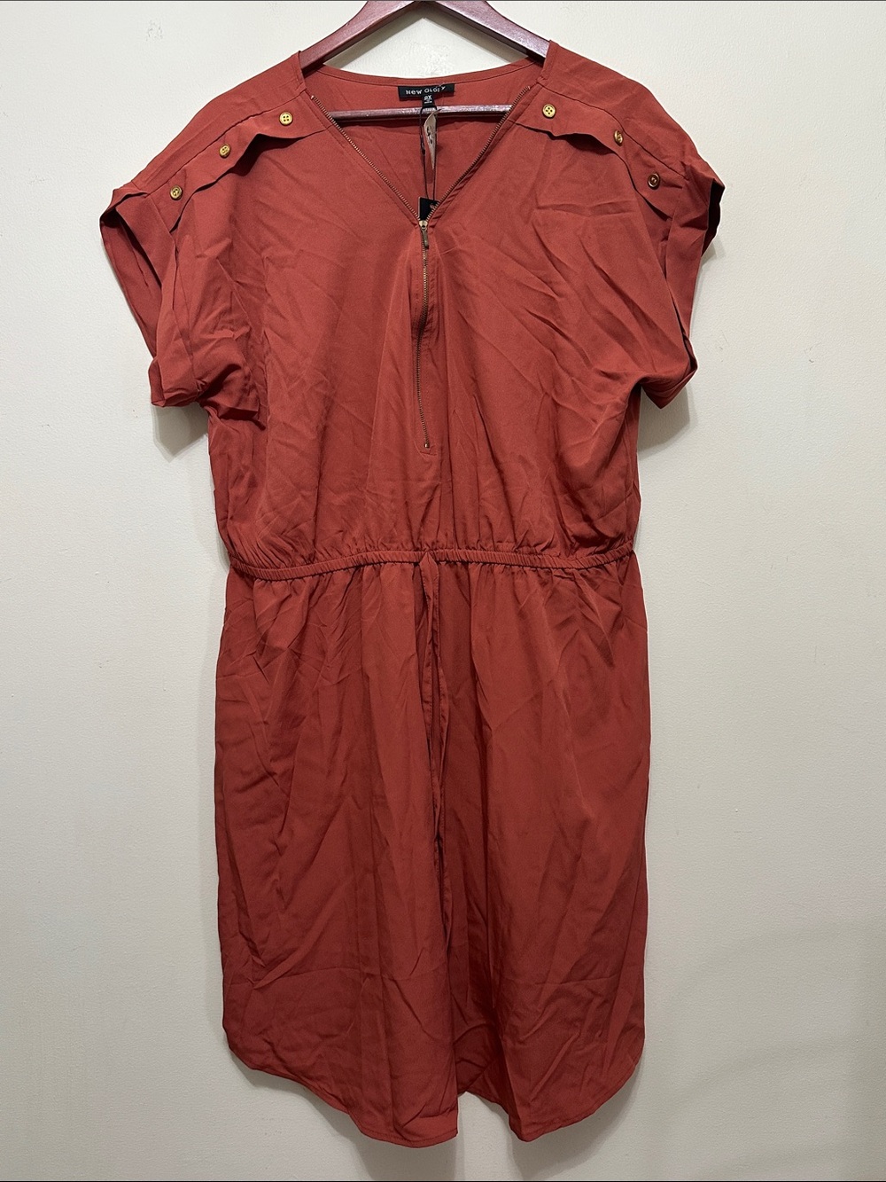 Rust Zip-Front Midi Dress with Elastic Waist